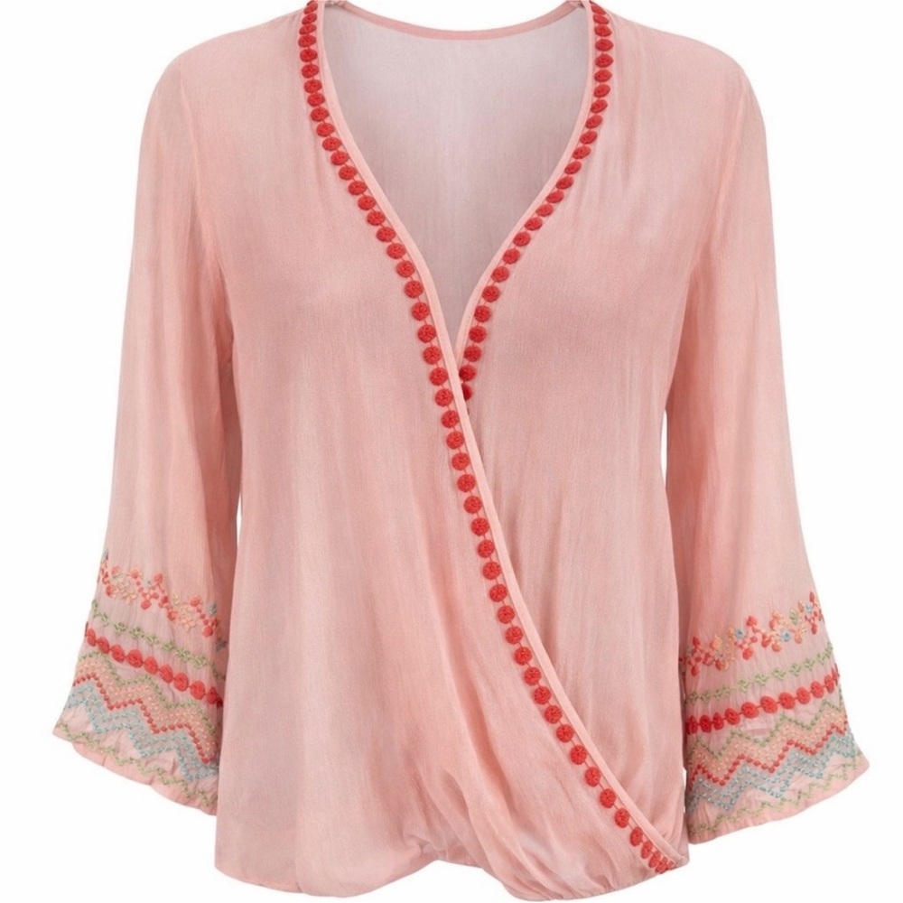Ivy Jane Pink Embroidered Wrap Style Boho Blouse - Small